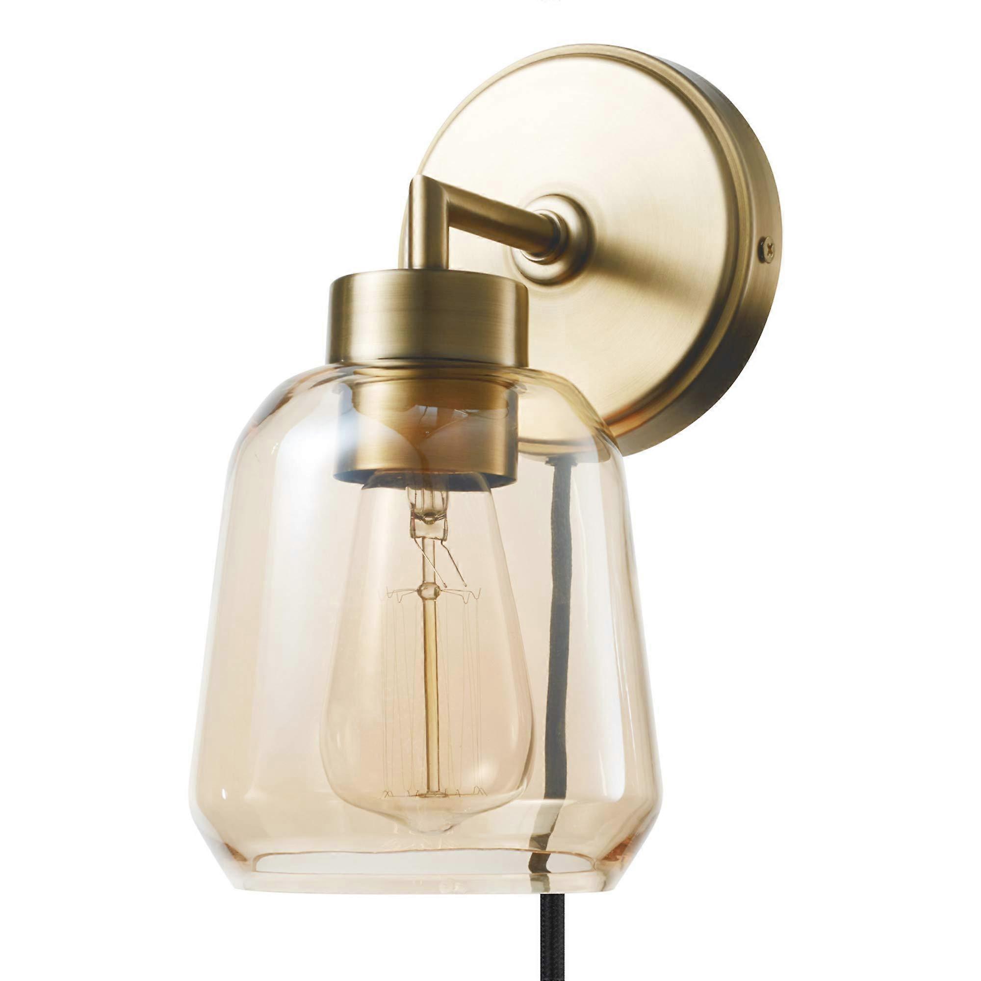 Wall Sconce in Matte Brass with Smoked Amber Glass Shade for Plug-in Hardwire Use