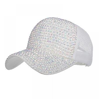 Bling Baseball Cap for Women with Full Diamond Design Adjustable Ladies Baseball Travel Cap White mesh cap