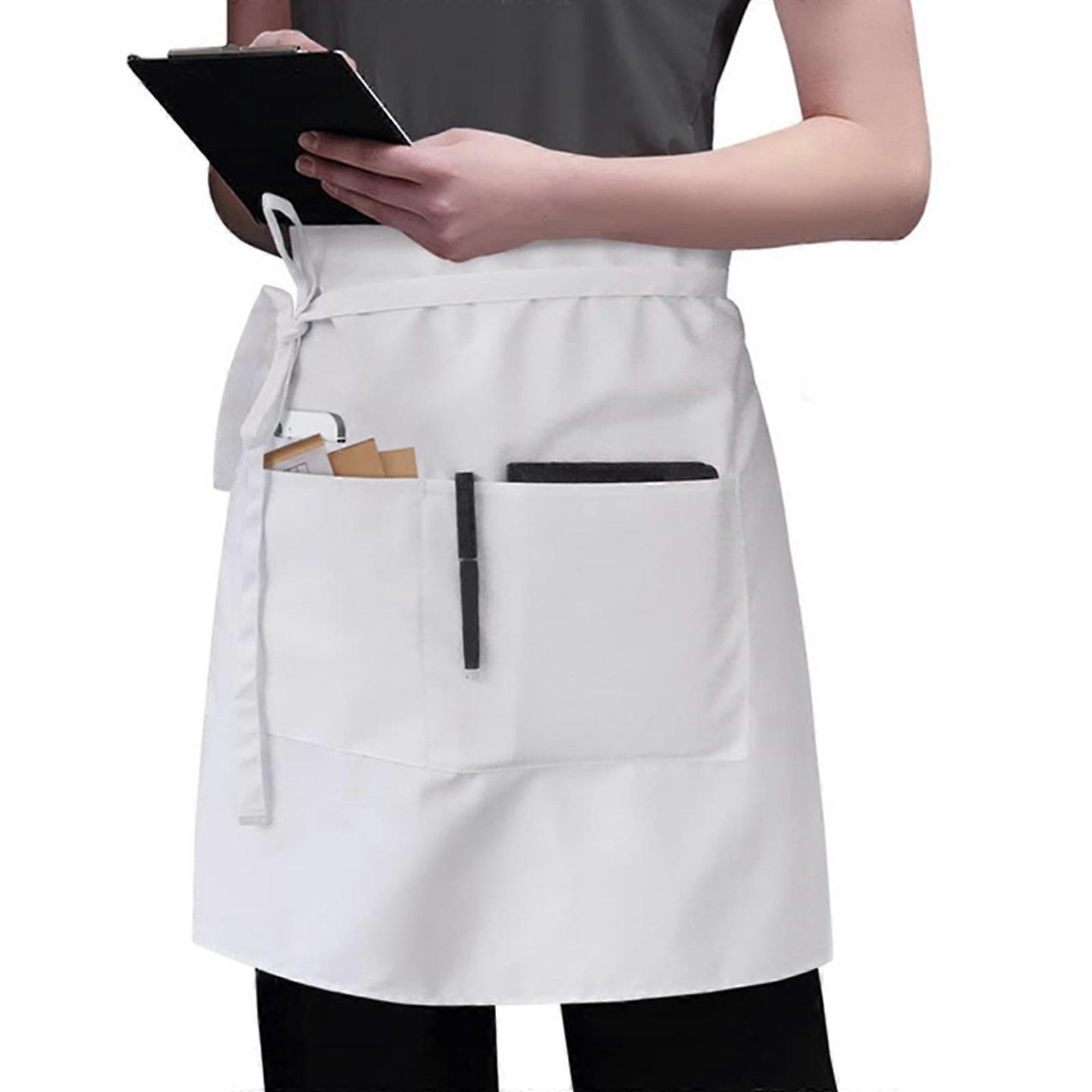 Server Aprons with 3 Pockets Waitress Aprons for Women Men Water Resistant Half Aprons with Added Long Waist Strap  White