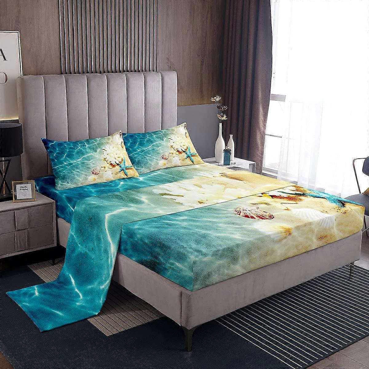 Coastal Nature Theme Pattern Teal Flat Sheet for Room Decor Full Size Bed Sheets