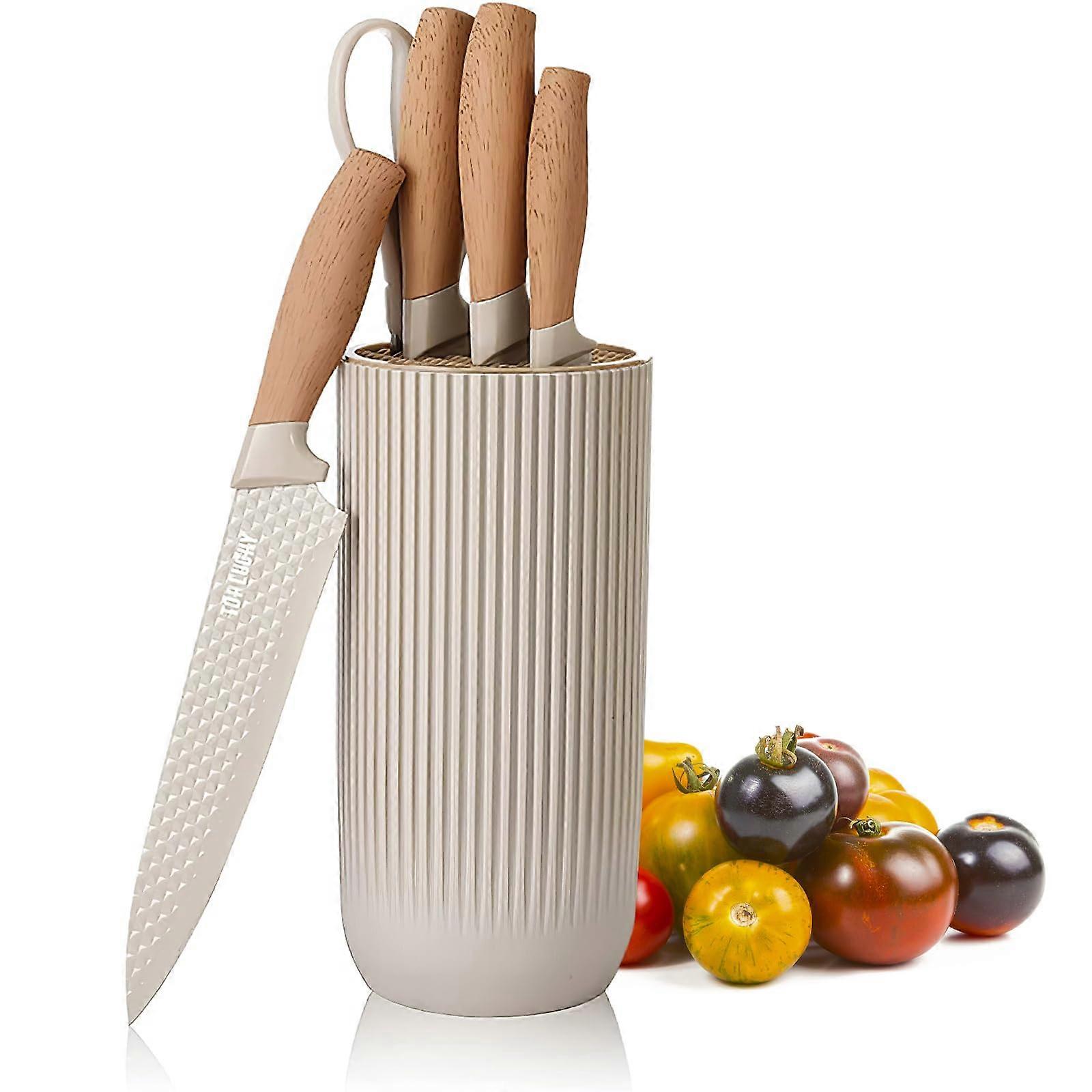 Kitchen Knife Set - 6 Piece Professional Stainless Steel Knives with Khaki Block, Anti-Rust Non-Slip Design for Home Use
