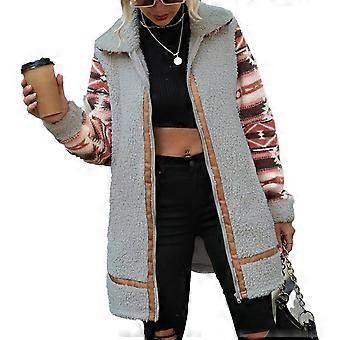 Chaqueta de vellón difusa para mujer Estampado de bloques de color Manga larga Cuello vuelto Cremallera Abrigo Ropa de abrigo con bolsillo