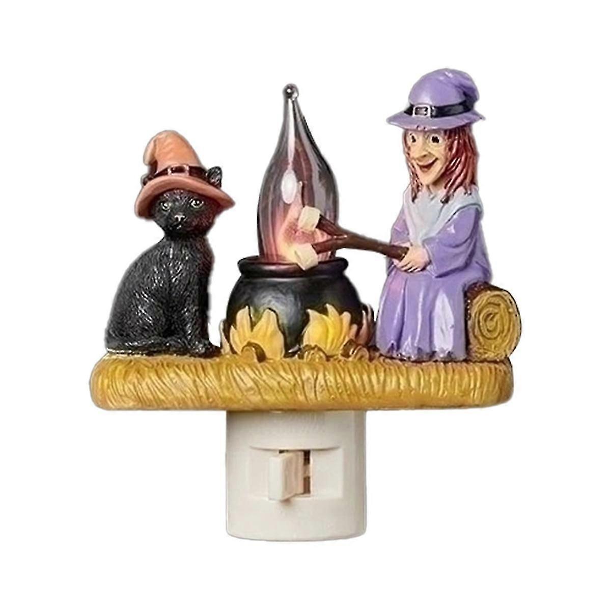 Cat and Witch Campfire Flickering Nightlight EU Plug