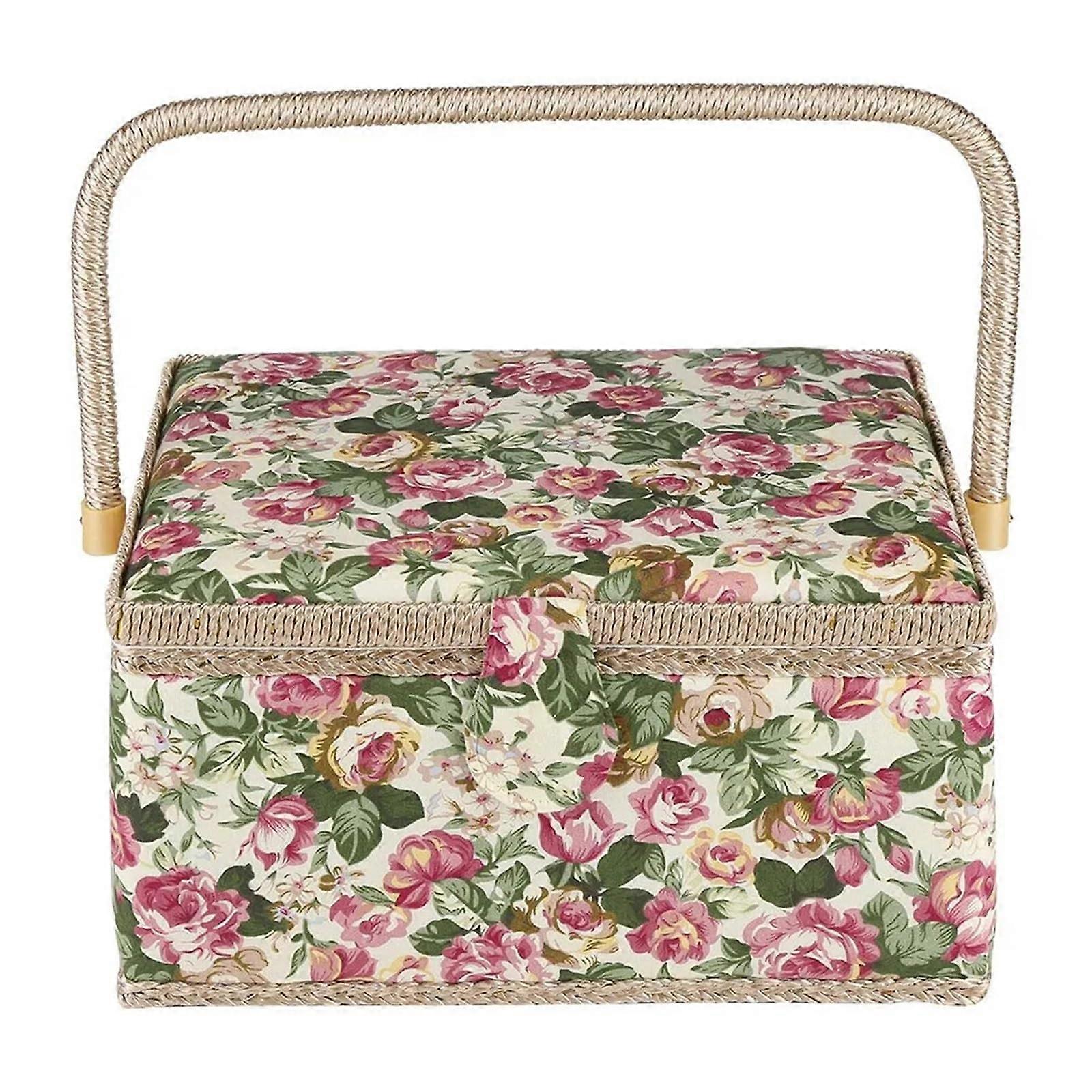 Sewing Box with Floral Pattern, Large Craft Storage Organizer with Handle for Threads and Fabrics, Household Use