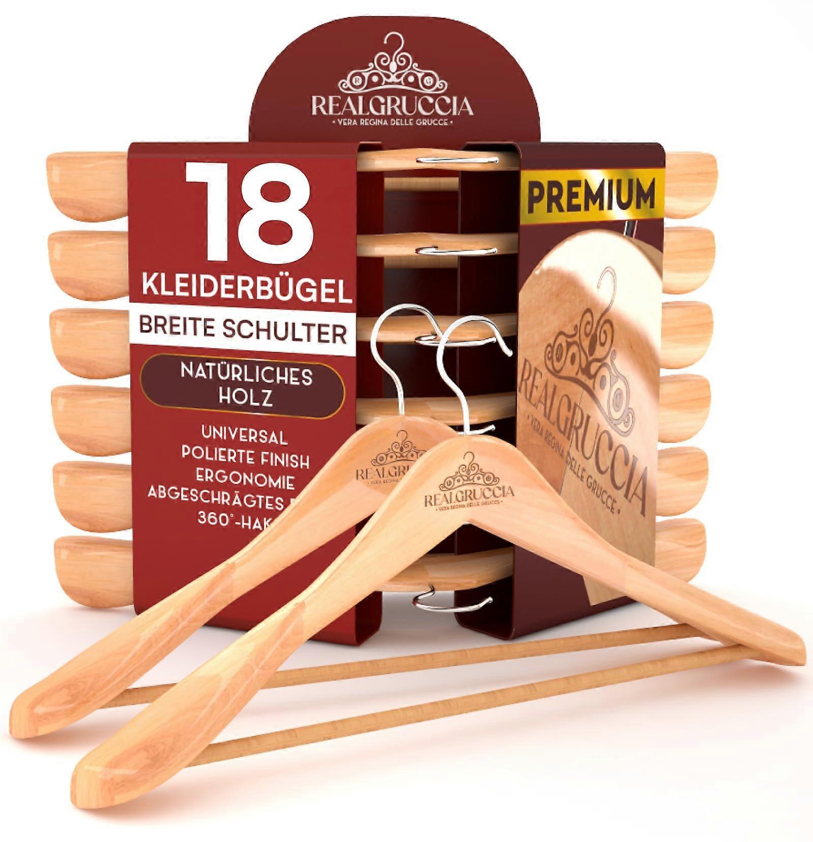 18 Wooden Hangers for Clothes, Non-Slip Wide Shoulder Design, Natural Wood, 24 x 45 cm, with Trouser Hanger and Rotating Hooks