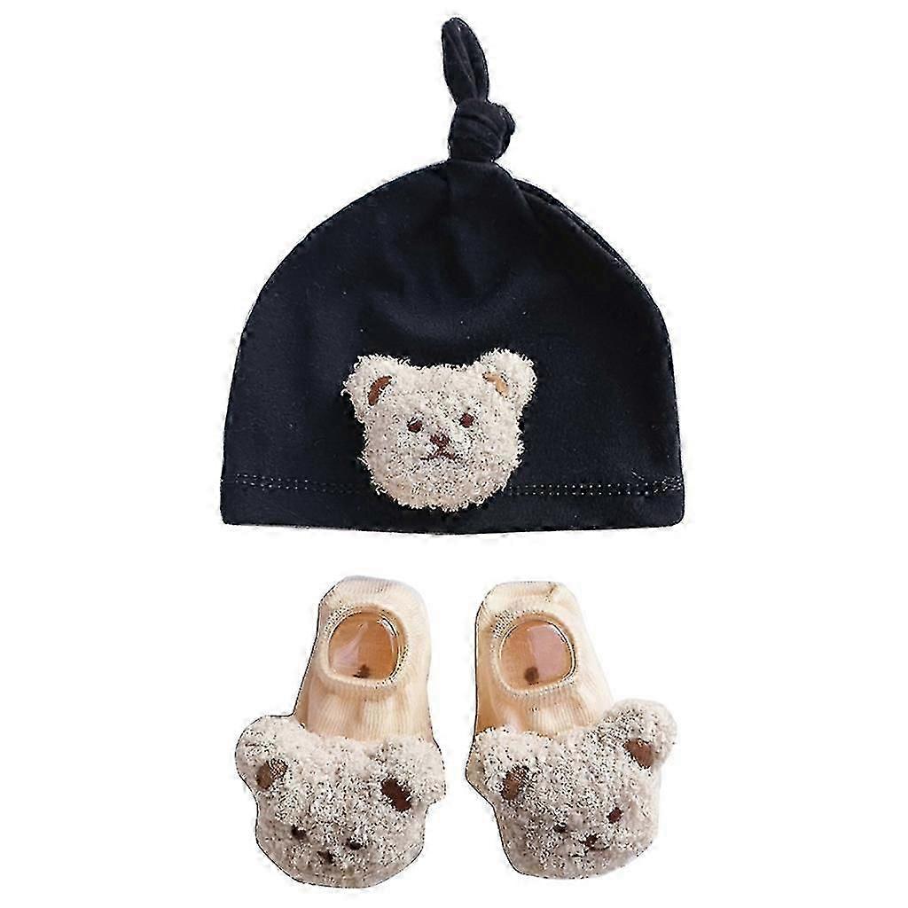 Coupe-vent Chapeau de bébé et chaussettes de sol Set pour les nourrissons Mignon Ours Baby Beanie Cap