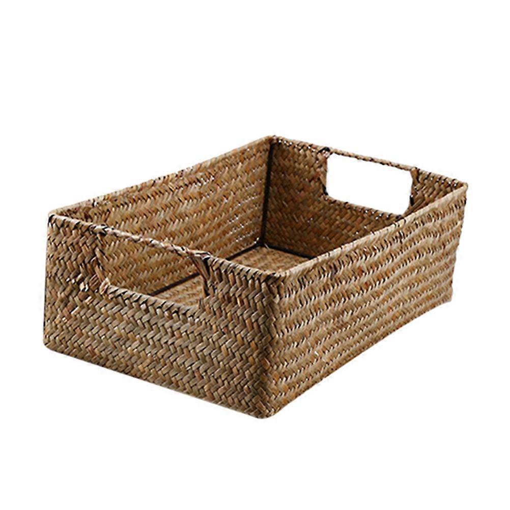 Retro Handwoven Seaweed Storage Basket Rectangular Organizer for Home Sundries 36X26X12CM (L, Yellow)