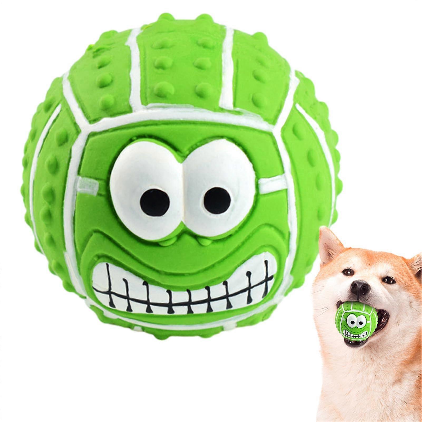 Squeaky Latex Ball For Dogs: Green Spherical Toy, Smiling Face, Textured Chew And Dental Cleaning