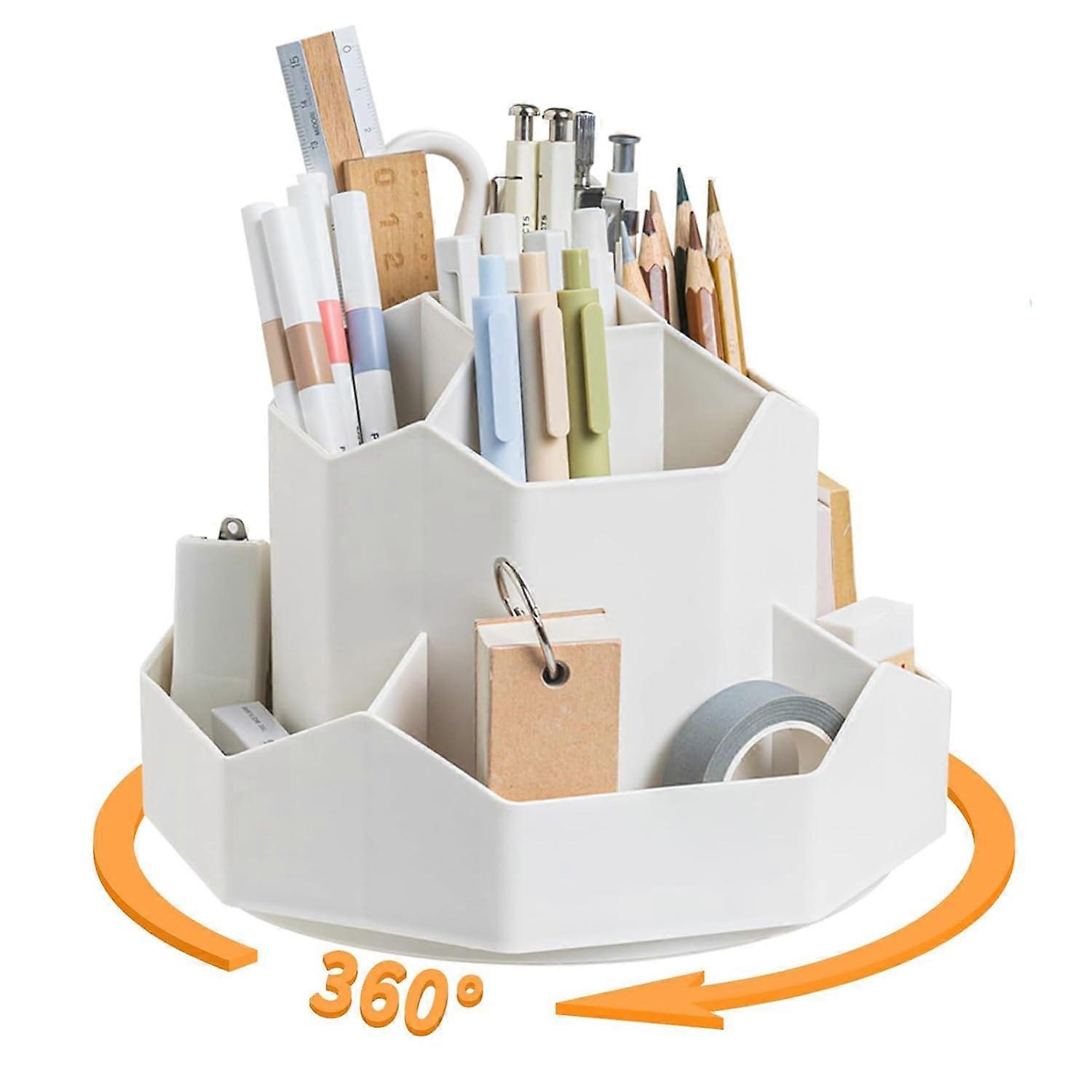 Rotating Pen Holder for Desk, 360 Degree White Pencil Holder with 9 Compartments, Office and School Organizer