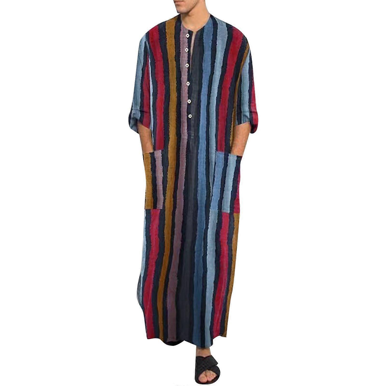 Men's Ethnic Robe with Retro Print Saudi Style Kaftan 3XL Red