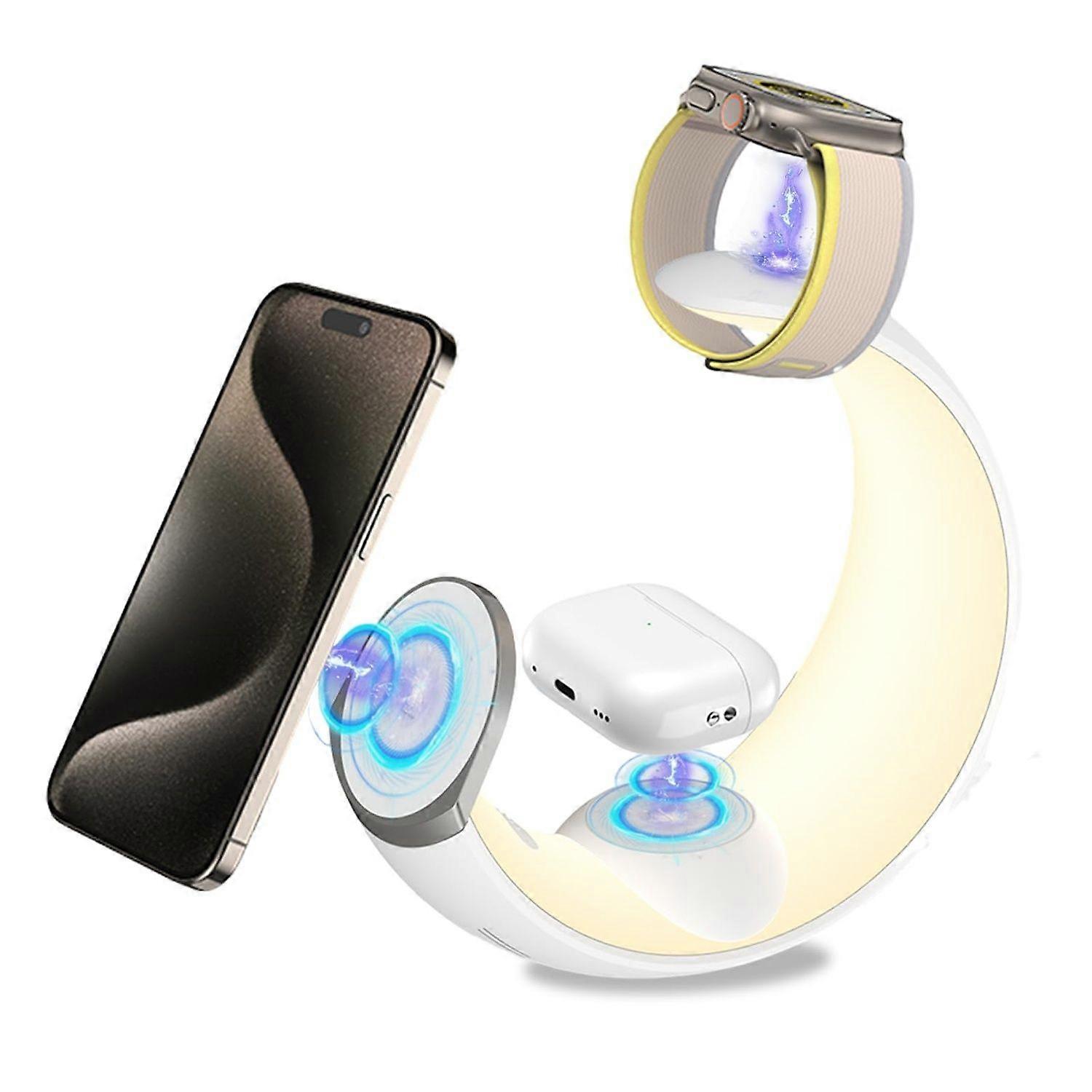 Magnetic 4-in-1 wireless charging night light 15W wireless charging with atmosphere light wake-up light small moon light suitable for Apple(White)