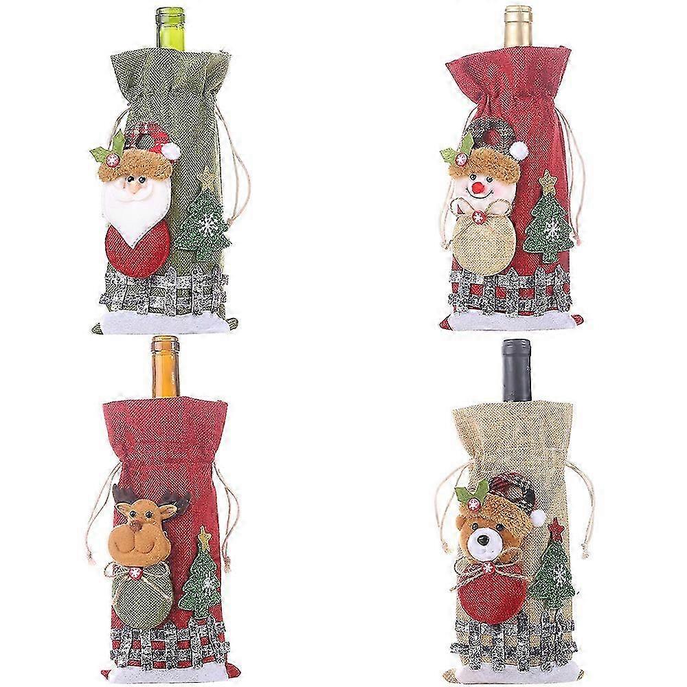 New Burlap Wine Bottle Bag with Snow Cartoon Drawstring, Plaid Doll Pattern - 4PCS, Perfect for Christmas Decoration
