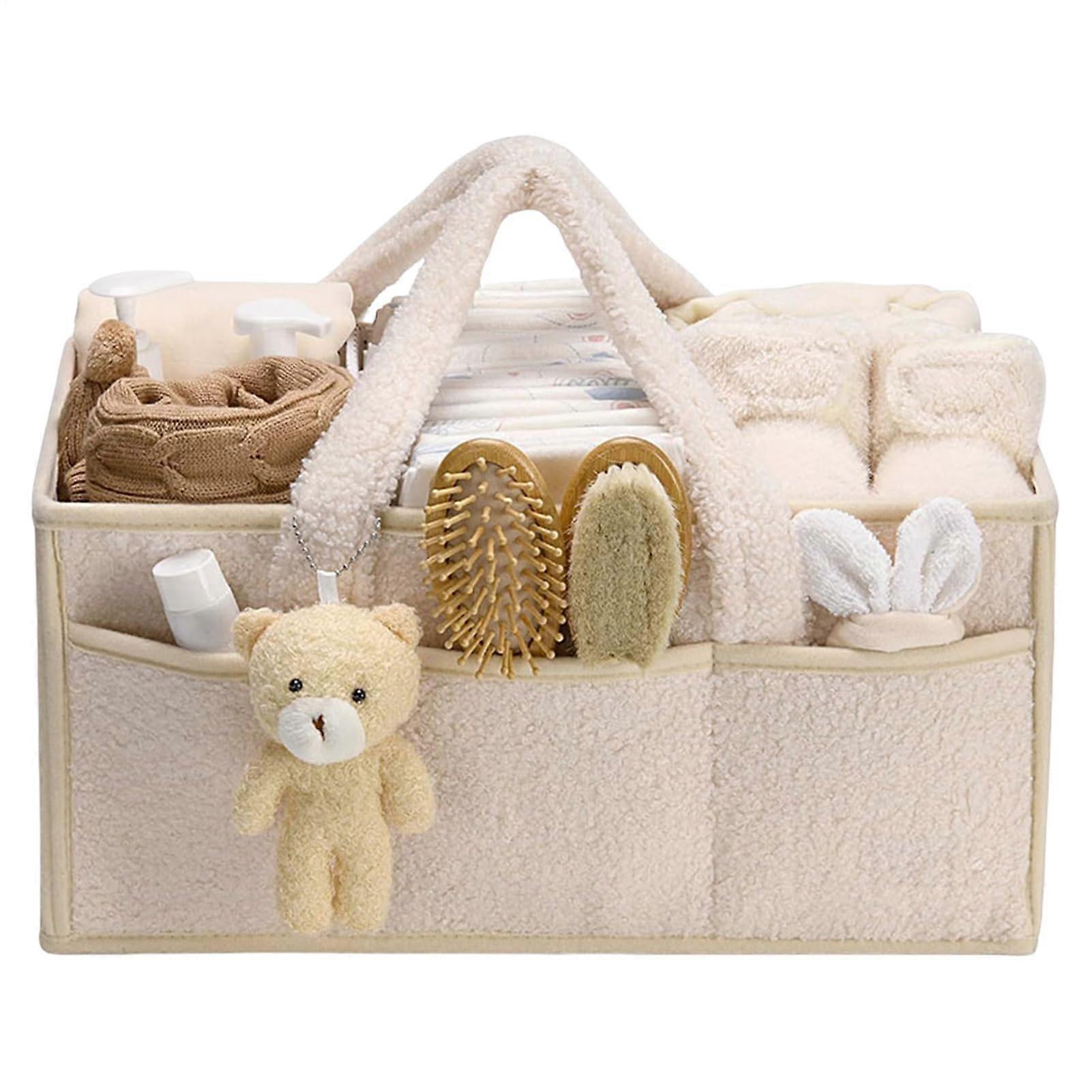 Baby Changing Bag Organiser, Plush Nappy Basket With Bear, Removable Dividers, Bedside And Shower Use, White