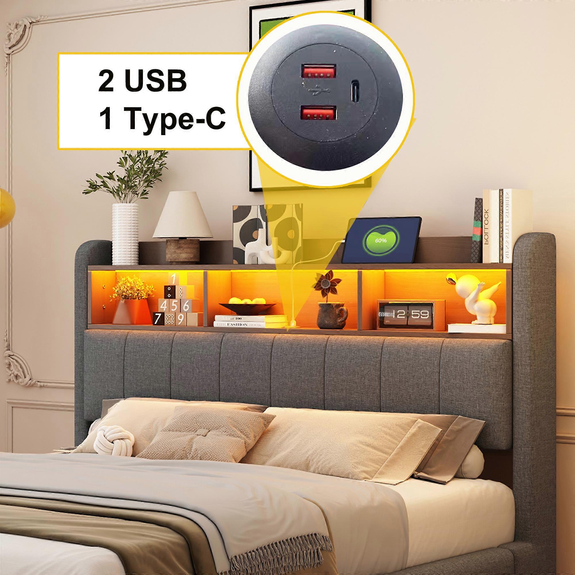 Multifunctional LED USB C Storage Bed Gray 140x200 Fabric Suspended Port