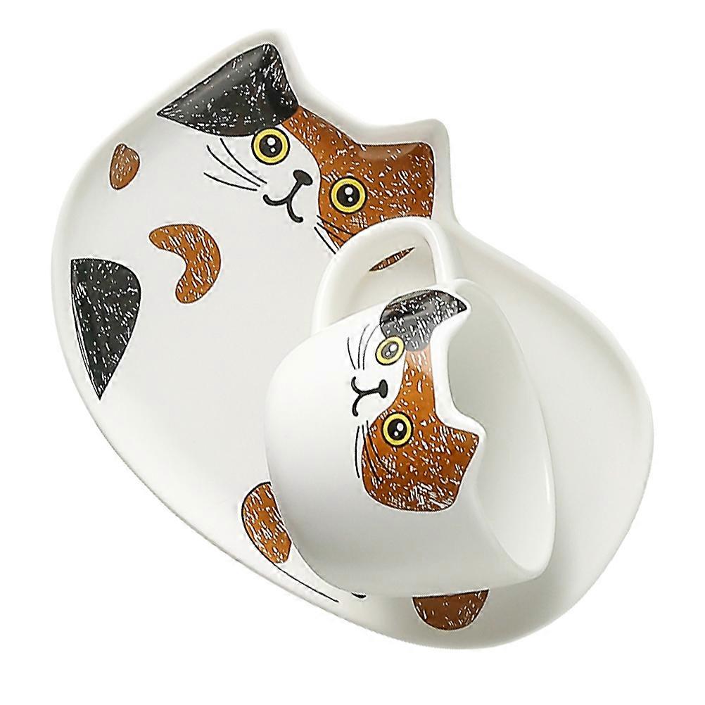 Ceramics Cup Saucer Set for Drinking 3Sets with Adorable Cat Design