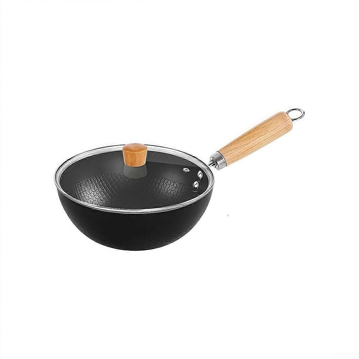 NonStick Iron Frying Pan Wok With Glass Cover Flat Bottom Cookware For All Stoves 20 cm Induction Compatible