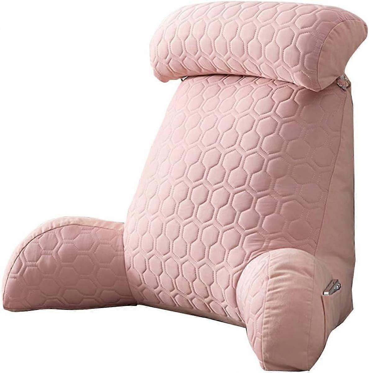 Reading Pillow For Bed Sofa And Chair, Ergonomic Backrest With Detachable Neck Roll And Storage Pockets Soft Plush Pink