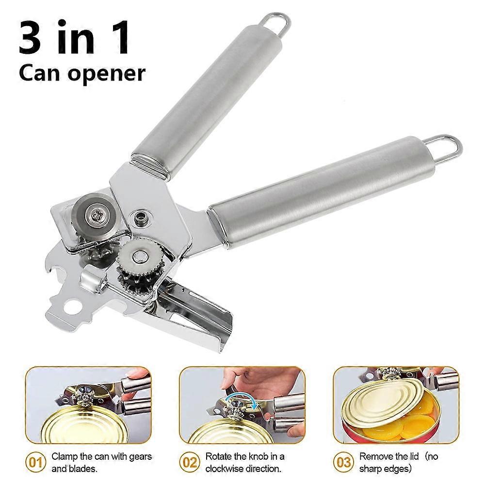 3-in-1 Can Opener, Stainless Steel Manual Opener with Smooth Edge & Sharp Blade, compatible with Jar/Bottle Opener for Seniors, Arthritis Users