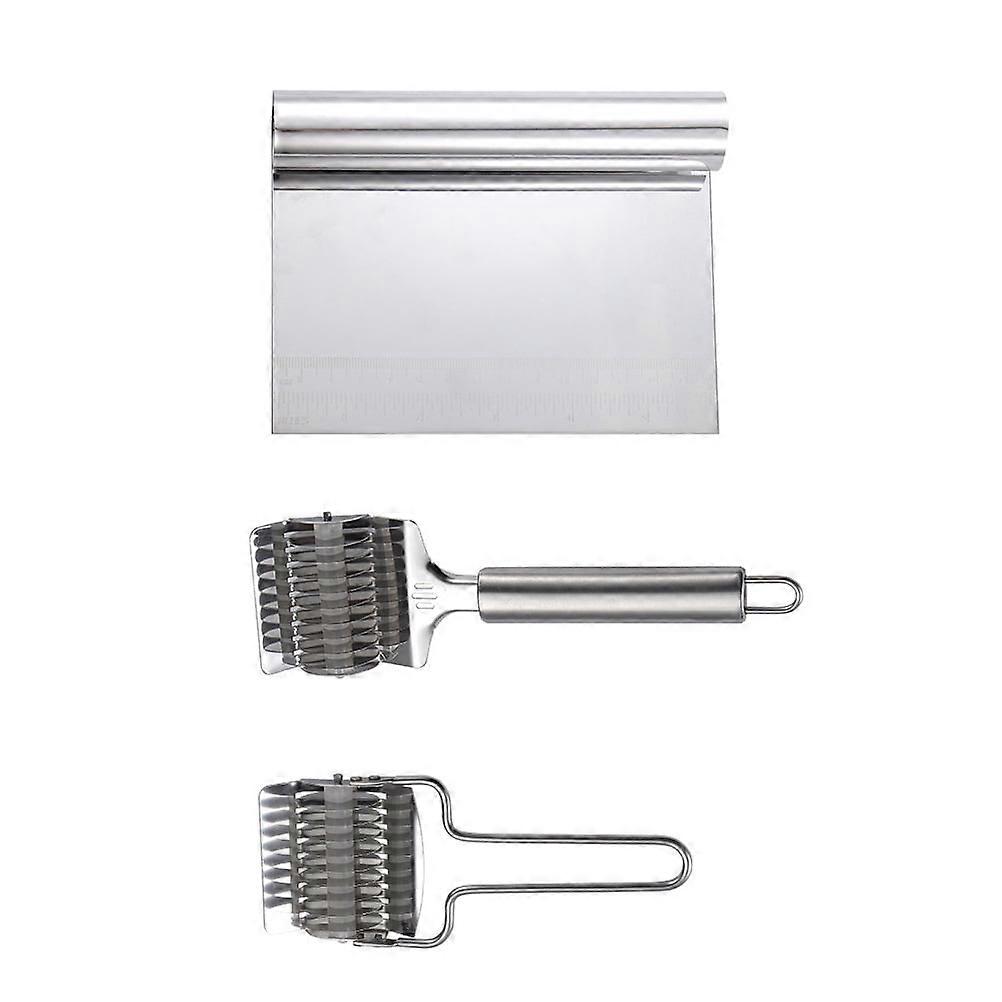 3pcs Dough Pastry set Stainless Steel Dough Scraper Manual Lattice Pastry Roller Slicers with Handle for Cookie Pie Pizza Bread Tools