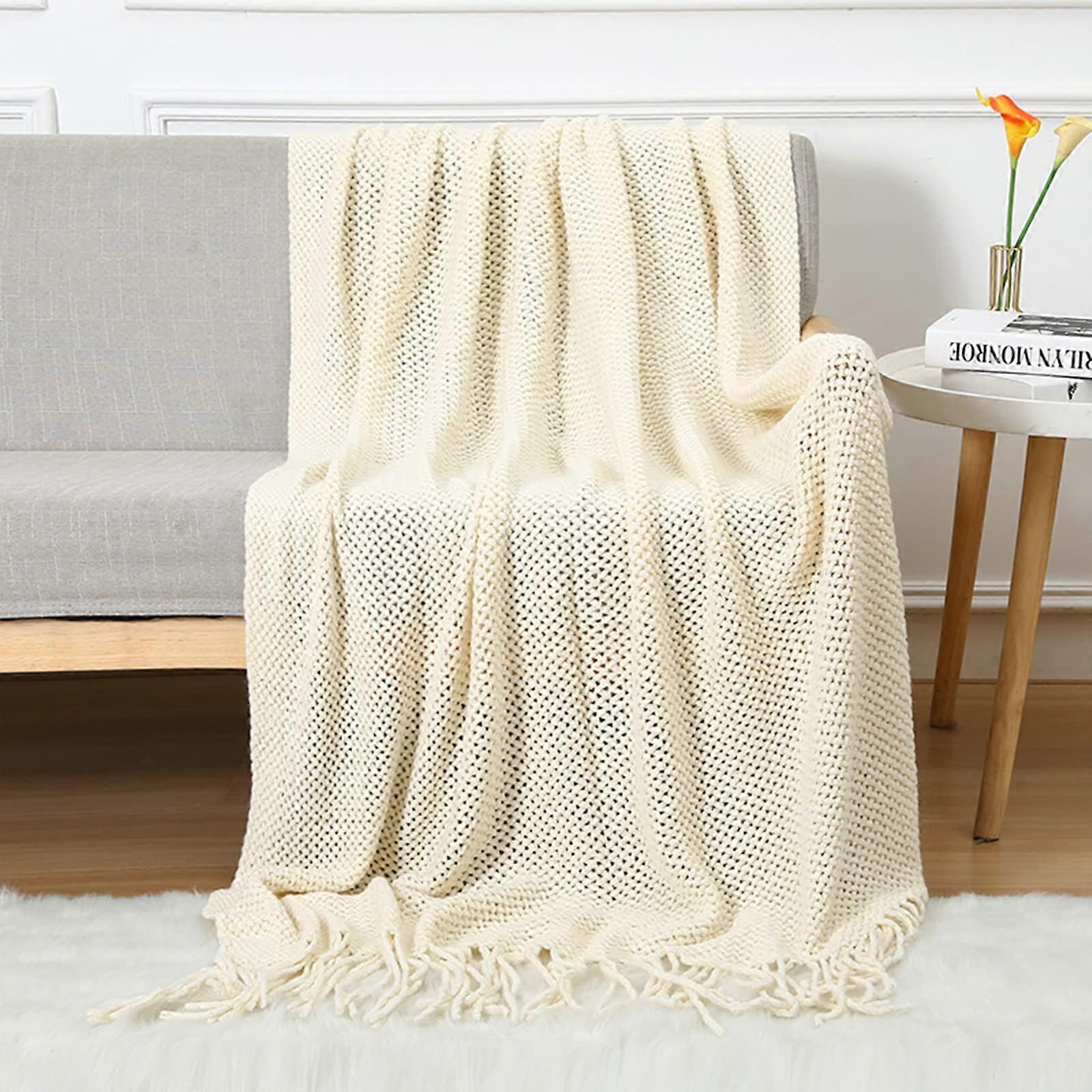 Knitted Throw Blanket with Tassels Nordic Style Soft Breathable Couch Cover for Sofa Bed Armchair Beige M