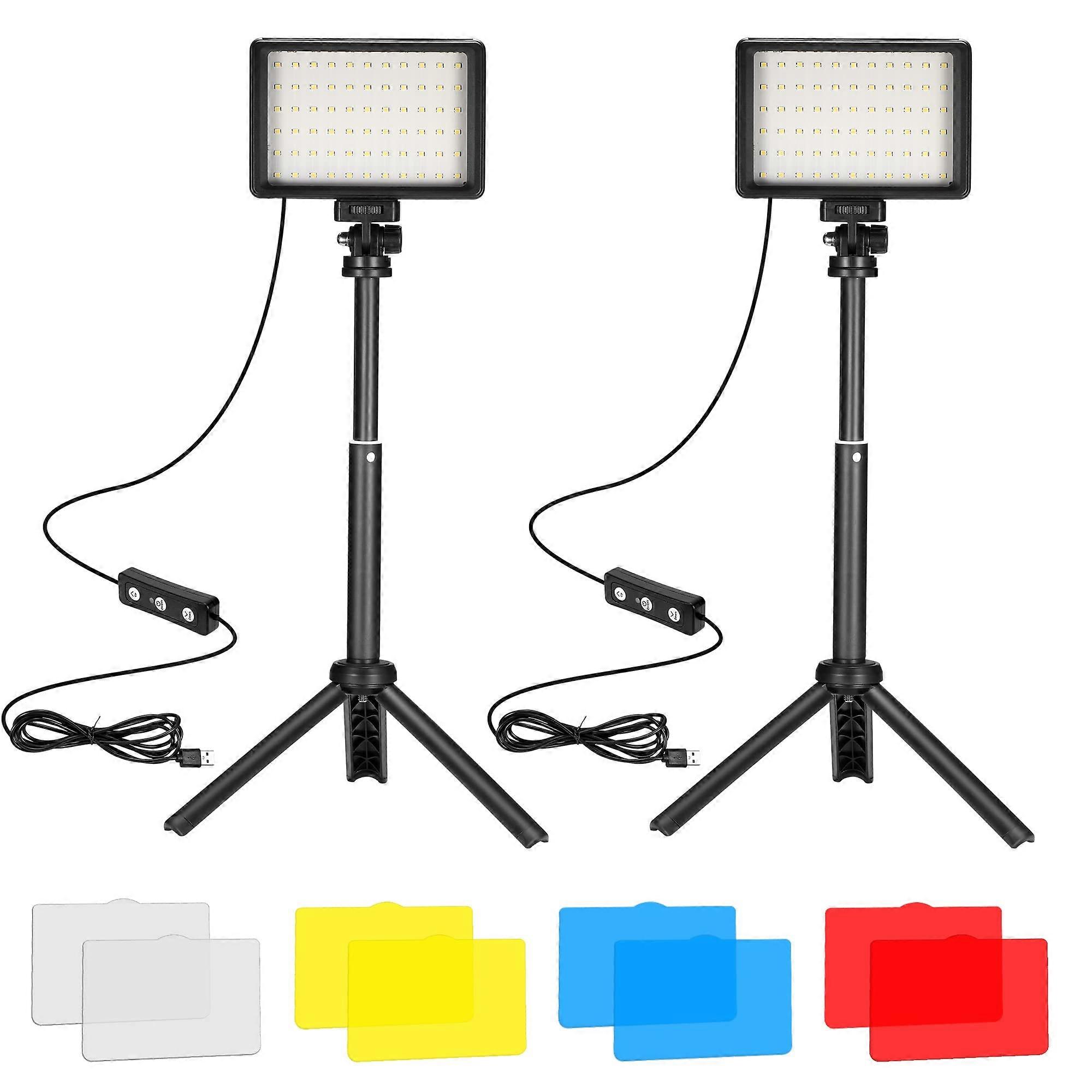 2-pack LED photography lights, 5600K dimmable USB LED video panel, with mini tripod and color filters.