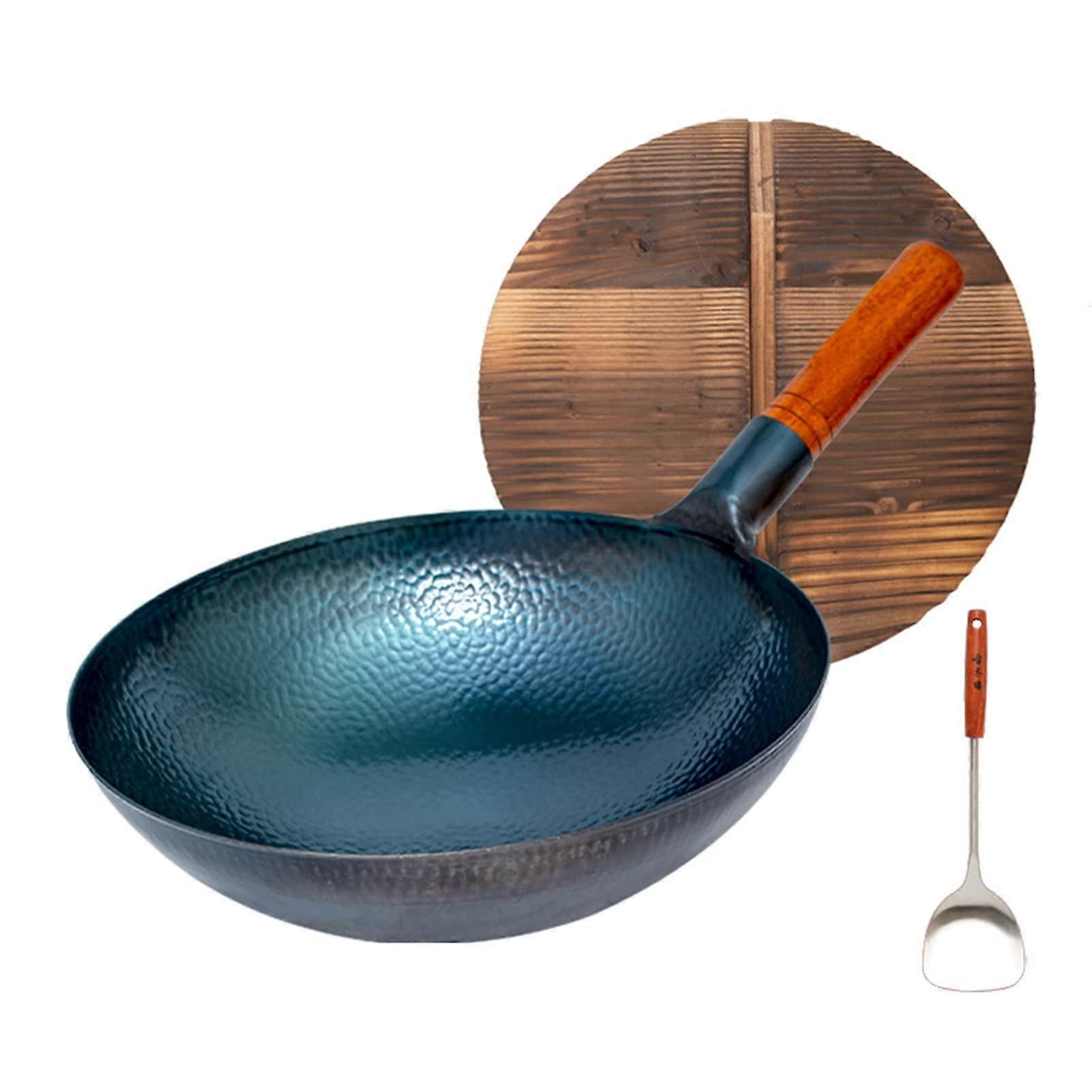 Hand Hammered Cast Iron Wok with Wooden Lid and Handle, Round Bottom, Non‑Stick, 32cm