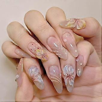 Nude Flower Fake Nails Tips 3D Press on Nails Full Cover Almond False Medium Nails for Women 24PCS nude 1 Fl Oz (Pack of 1)