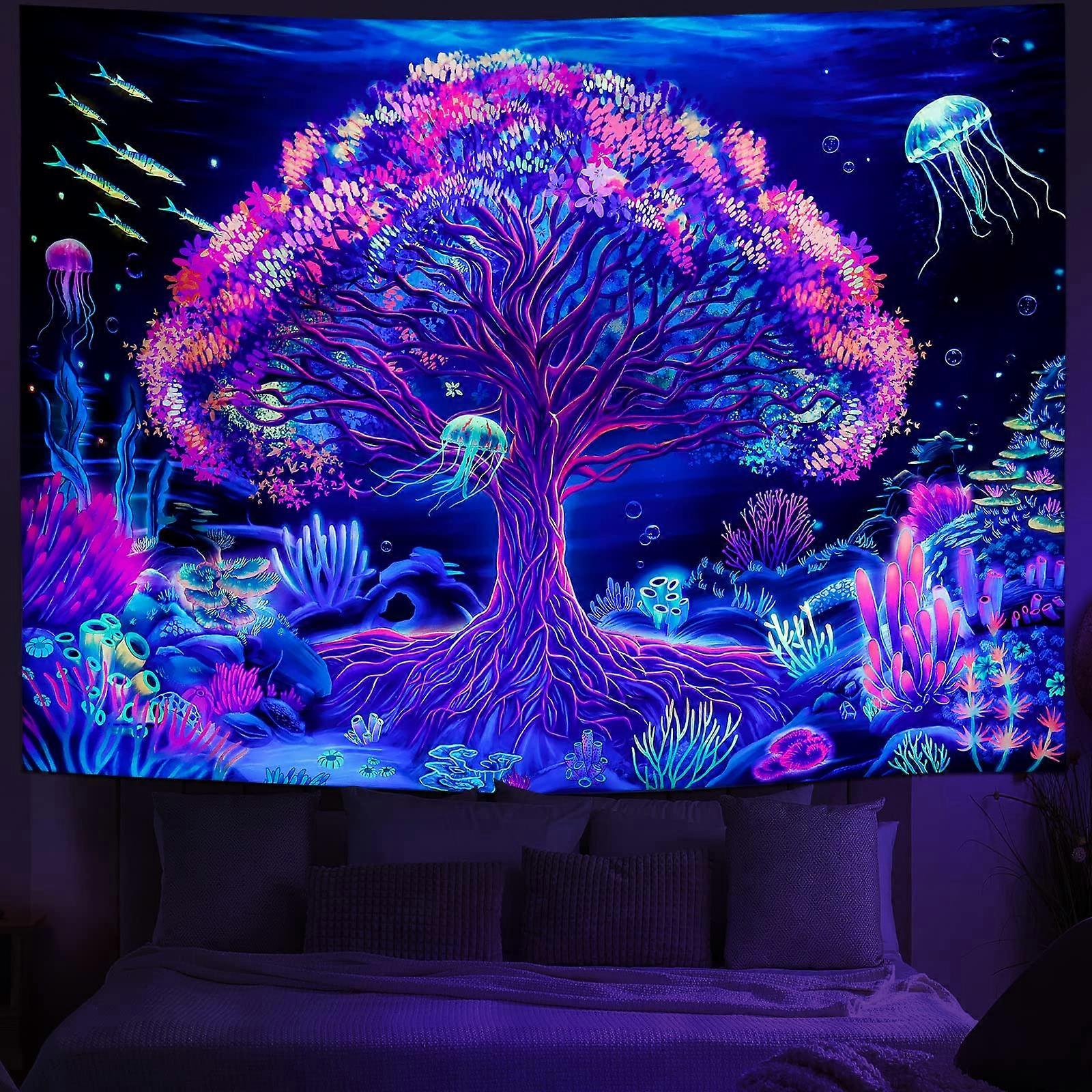 Blacklight UV Reactive Tapestry with Trippy Jellyfish Neon Underwater World Wall Decor 78.7x59.1