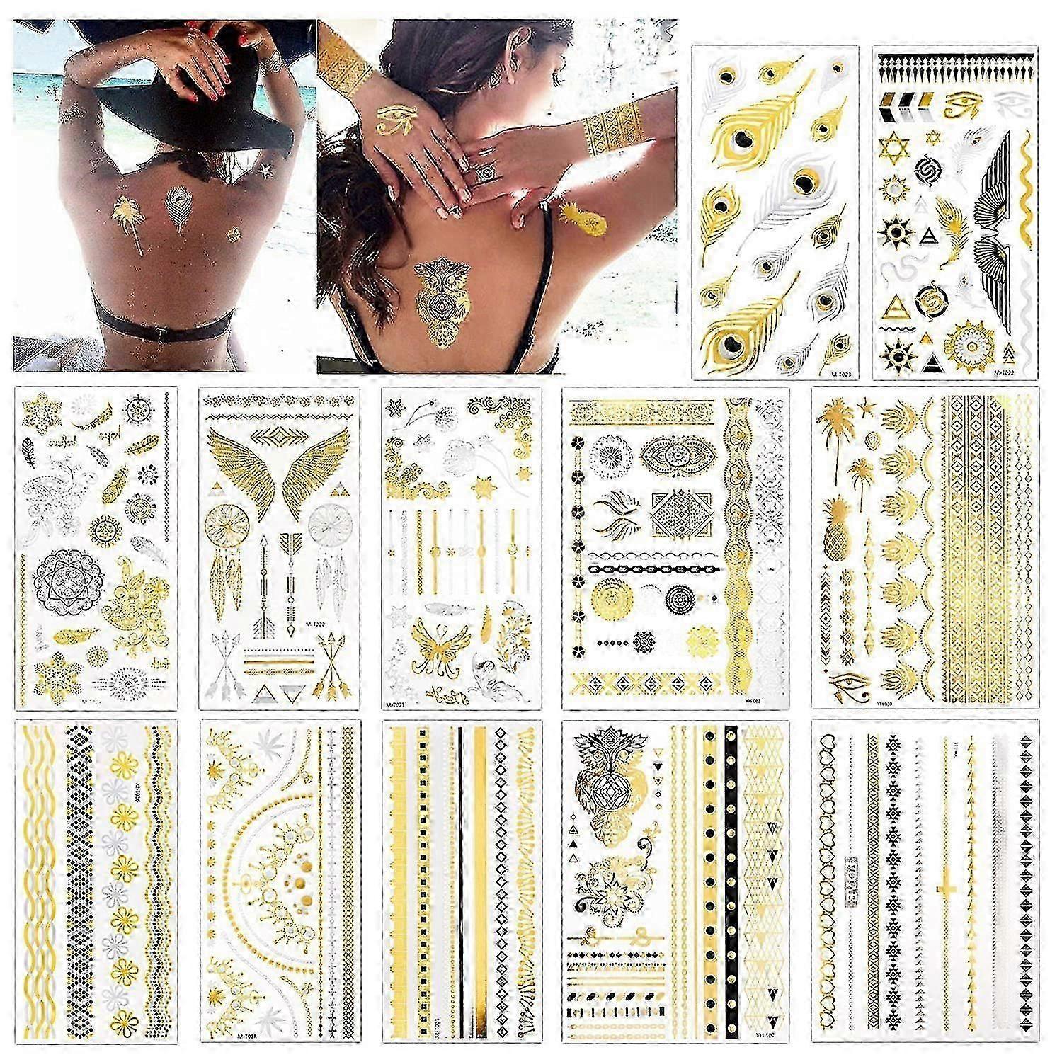 12 Sheets Metallic Temporary Tattoos, 150+ Shimmer Designs Black Si...