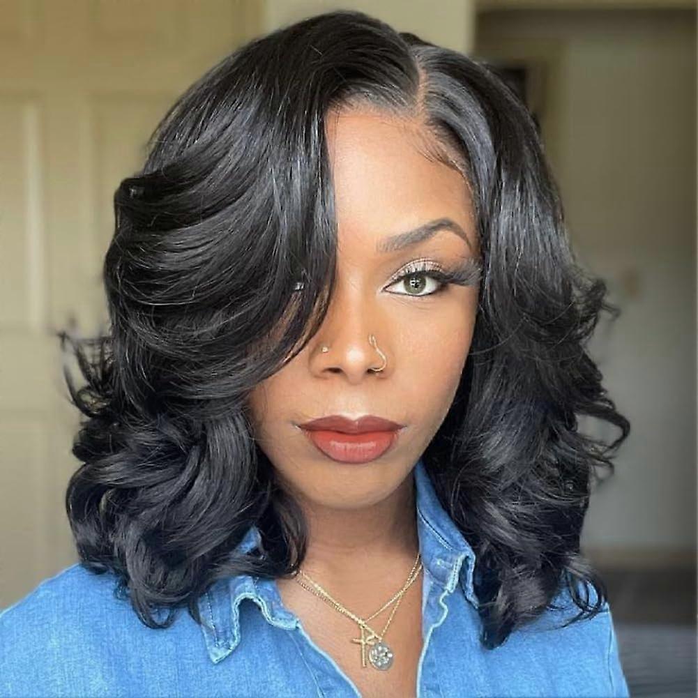 Loose Wave Bob Wig Natural Look Lace Part Glueless Shoulder Length Synthetic Wavy Wig Black