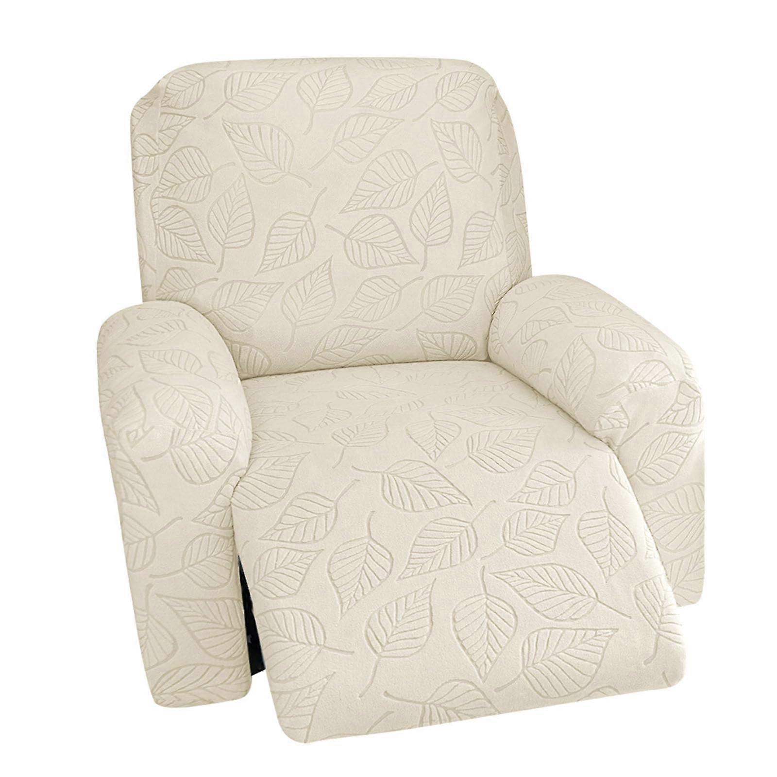 4 Piece Cream Recliner Chair Cover Set Stretch Jacquard Slipcover with Elastic Bottom and Pockets