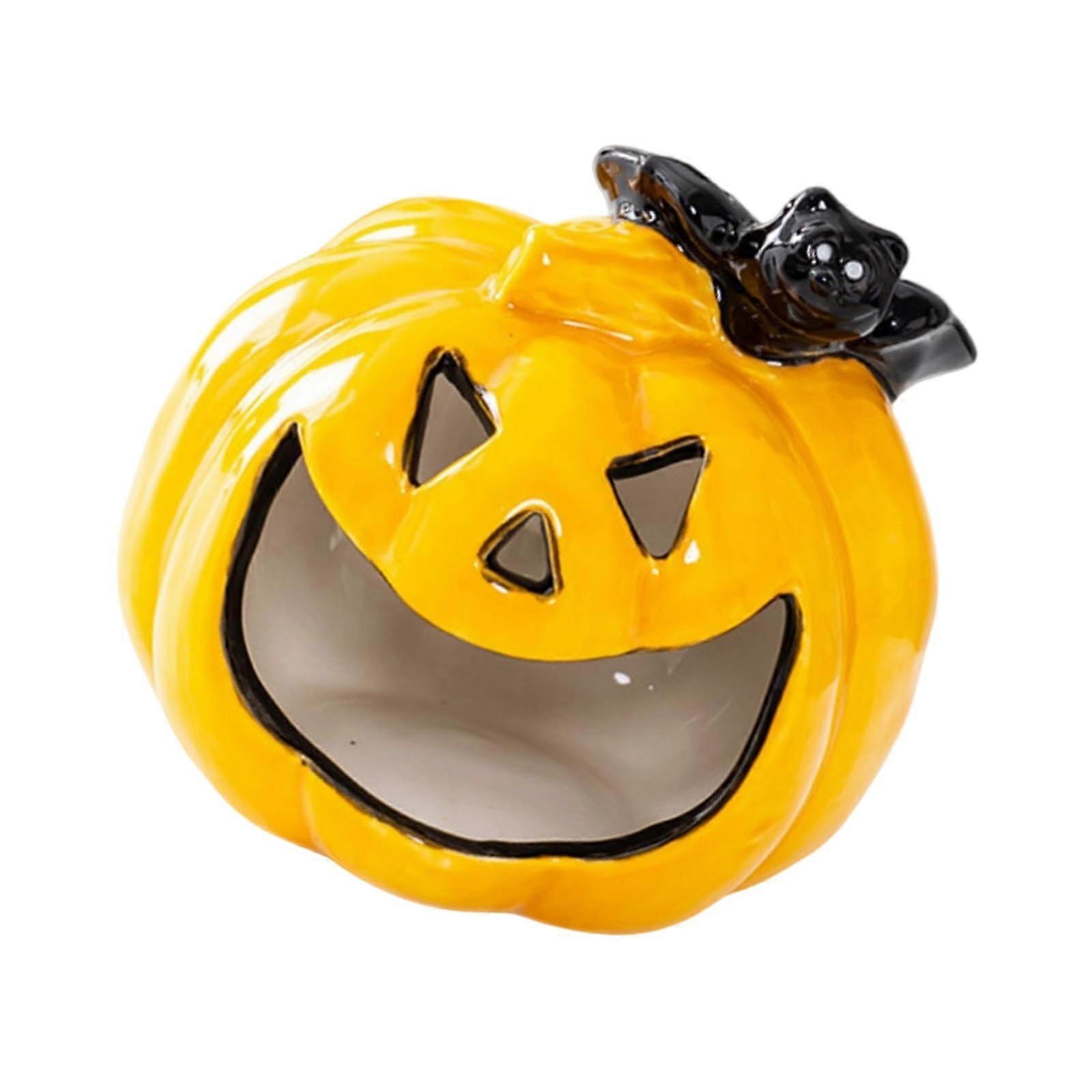 Halloween Pumpkin Candle Holder with Smiling Face Ceramic Tealight for Festive Table Decor