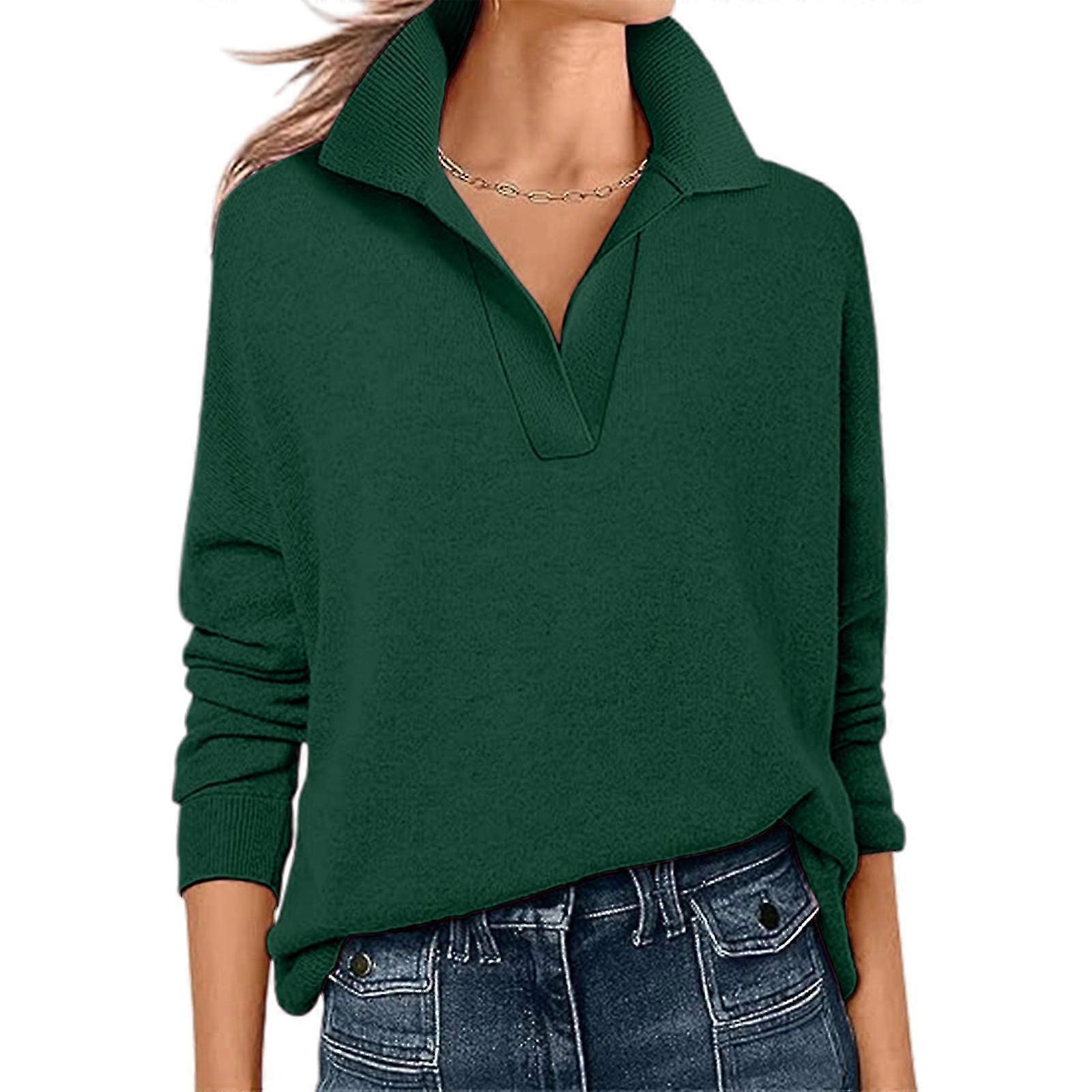 2025 Women's Polo Neck Long Sleeve Basic Knit Pullover Green L