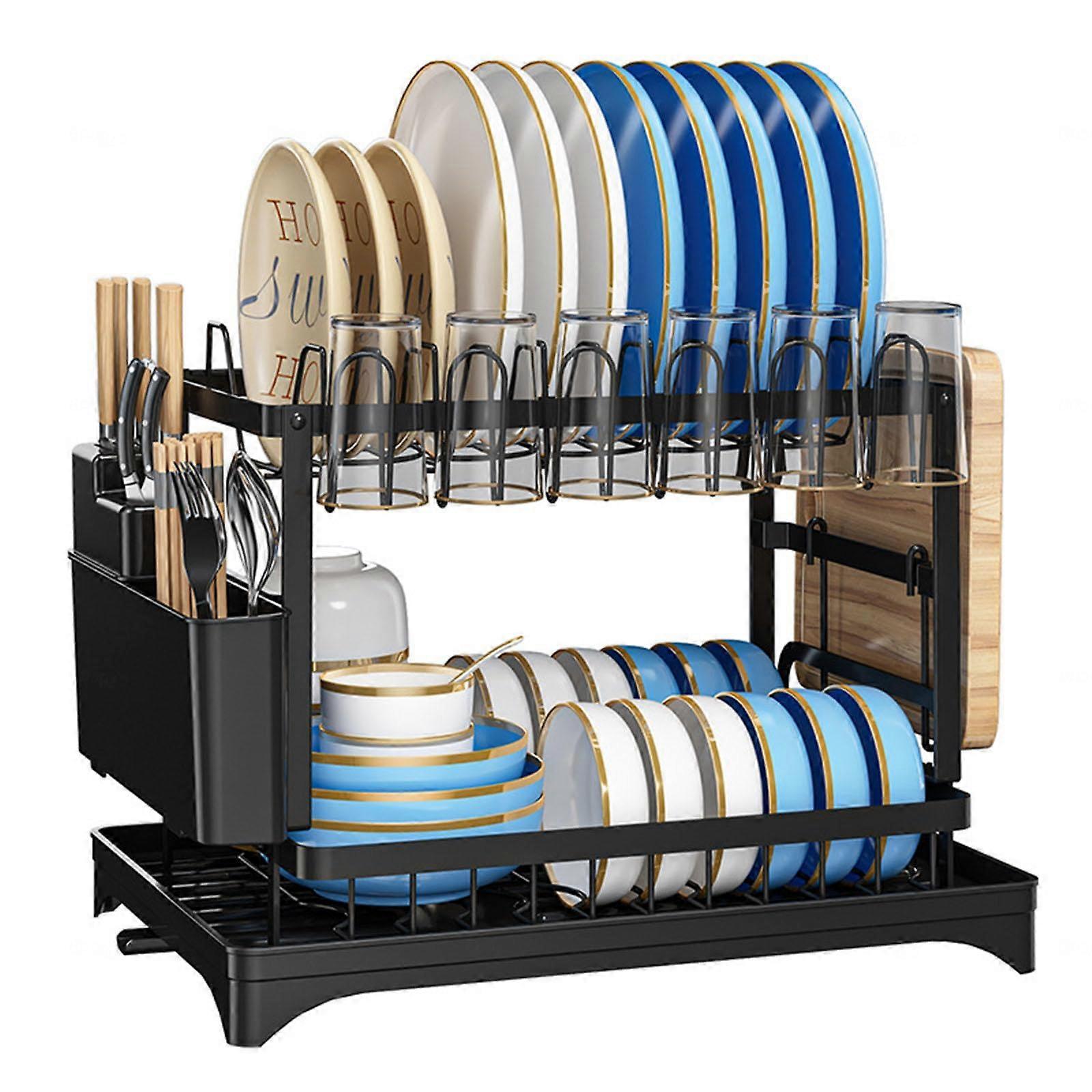 Large 2 Tier Dish Drying Rack for Kitchen Counter, Rustproof with Drainboard and Utensil Holder