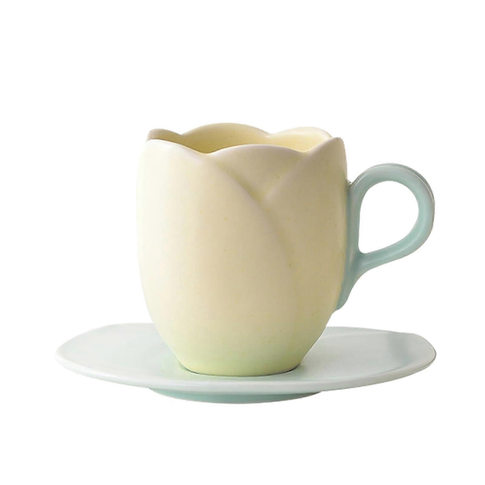 300ml Ceramic Coffee Mug with Plate, Creative Tulip Design, Microwave Dishwasher Safe Breakfast Set