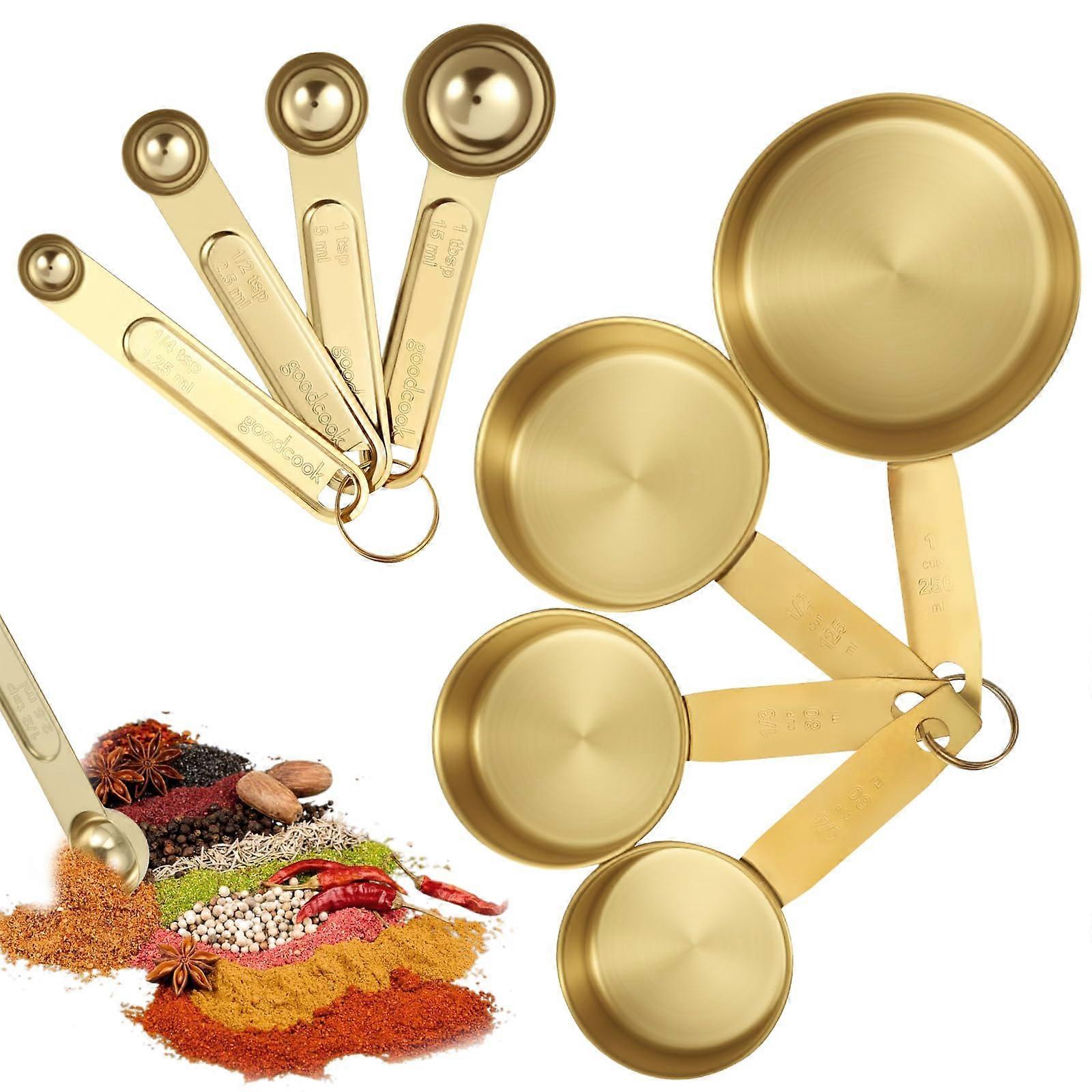 8Pcs Gold Stainless Steel Measuring Cups and Spoons Set, Stackable Nesting for Cooking and Baking