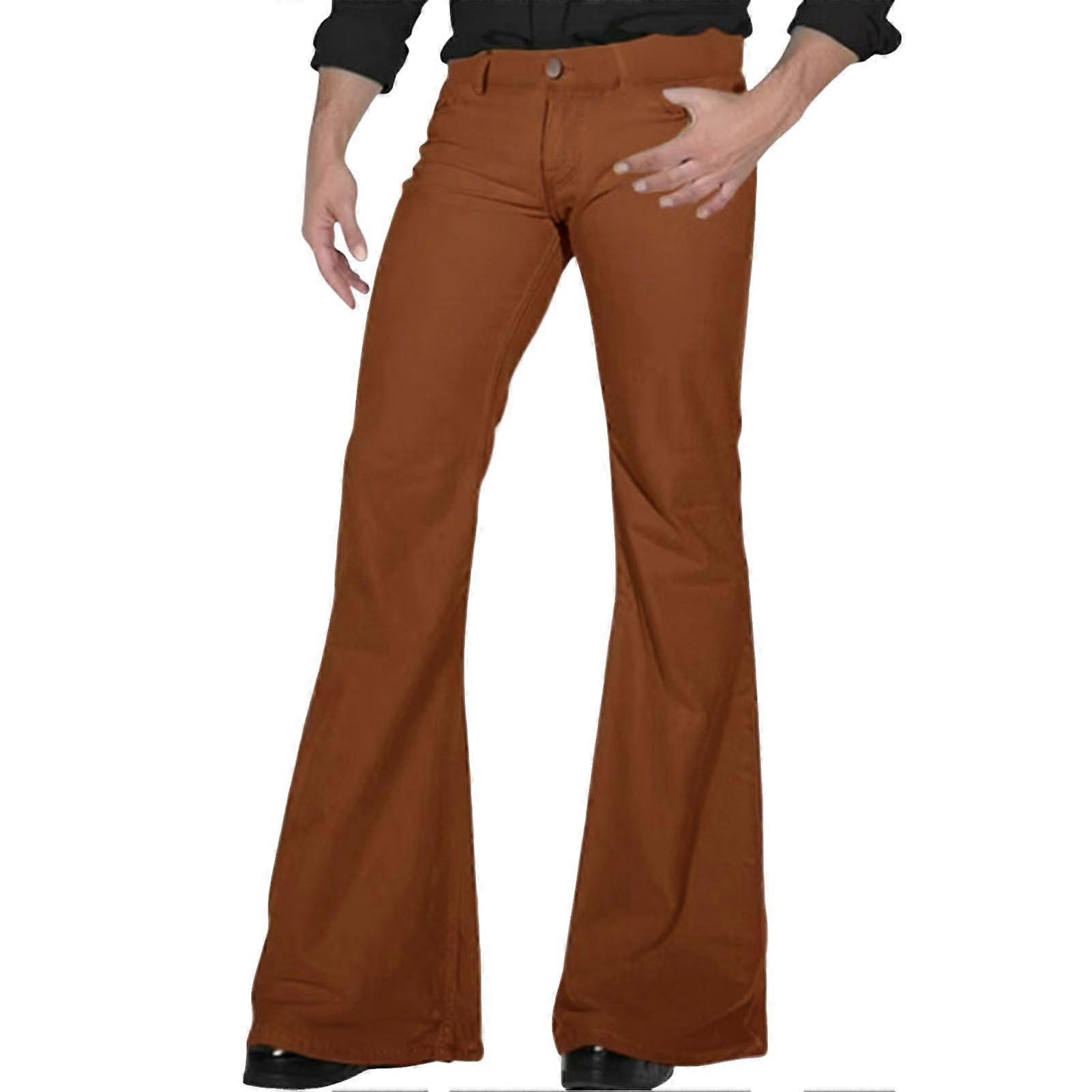 Men Flared Pants with 4 Pockets Mid-rise Solid Color Button Zipper Fly Long Trousers Work Travel