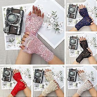1 Paar Halbfingerhandschuhe aus Spitze, durchsichtig, mit Blumenstickerei, einfarbig, elastisch, für Braut, Hochzeit, Abschlussball, Party, Beige