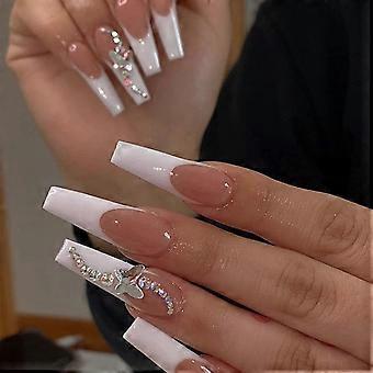 Heytea Press on Nails Coffin French Long Fake Nails Acrylic Full Cover V False Nails for Women and Girls (Long 5).Note:No glue.