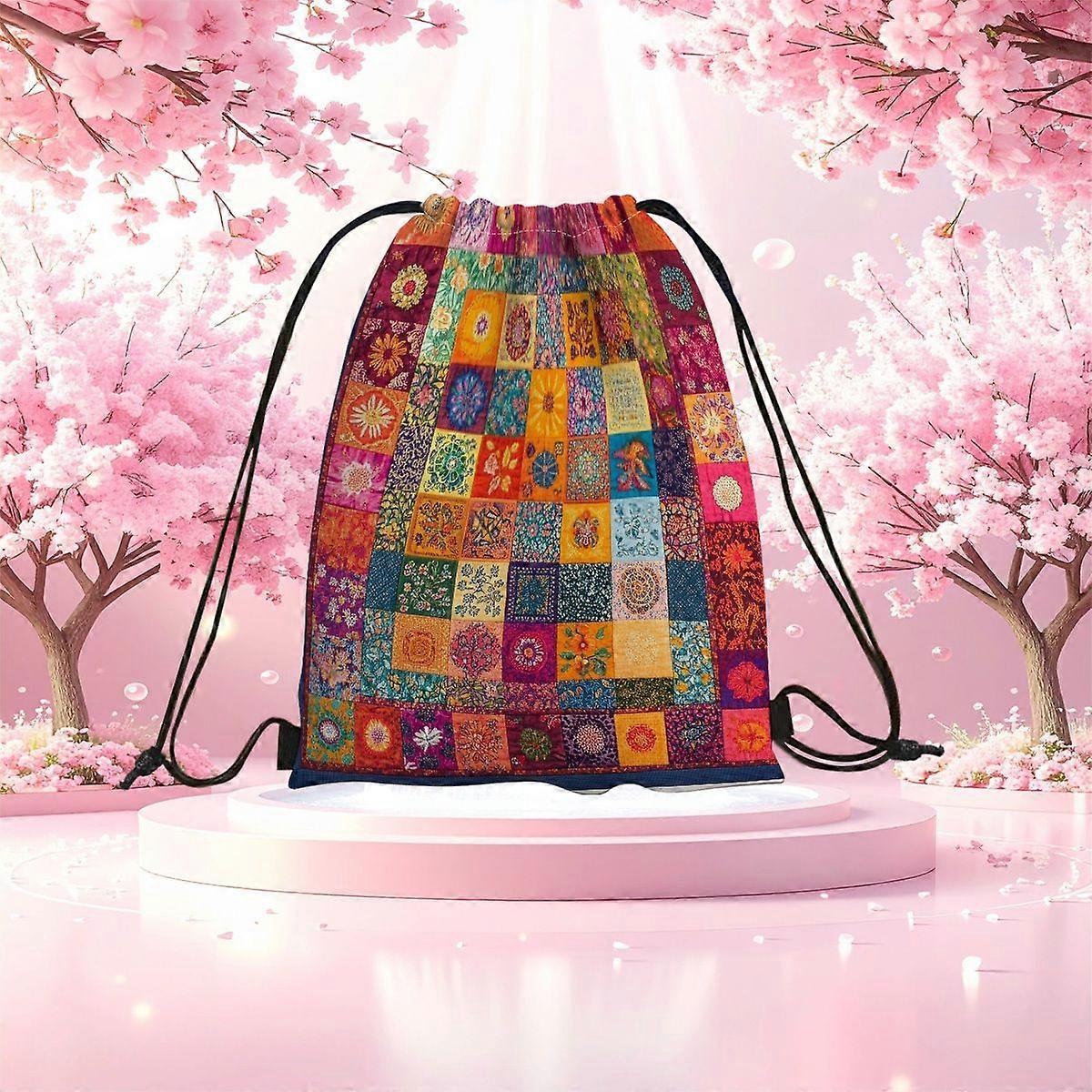 2D Flat Drawstring Bag, a Vibrant Patchwork Quilted Drawstring Pouch Featuring a Lively Patchwork Design with a Rich Var-Cqazw