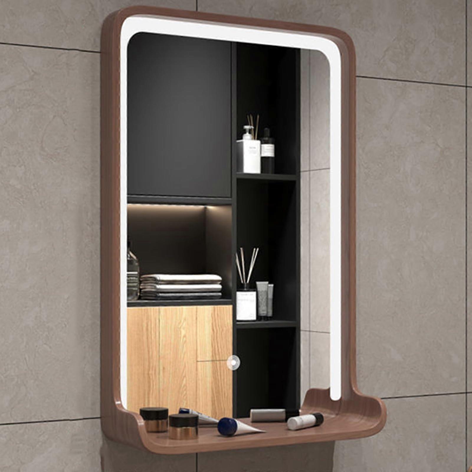 Rectangular LED Bathroom Mirror 50x70cm with Touch Control, Walnut Wall Mounted Vanity Mirror with Shelf