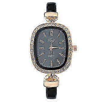 Diamond-Studded Women's Watch Leather Strap Oval Quartz Watch