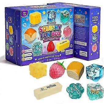 8-Piece Set Food Shaped Squishy Fidget Toy Box, Soft Stretch Squeeze Toys, Novelty Bread Cheese Fruit Design Desk Toy for Teens Adults Party 26-27sn