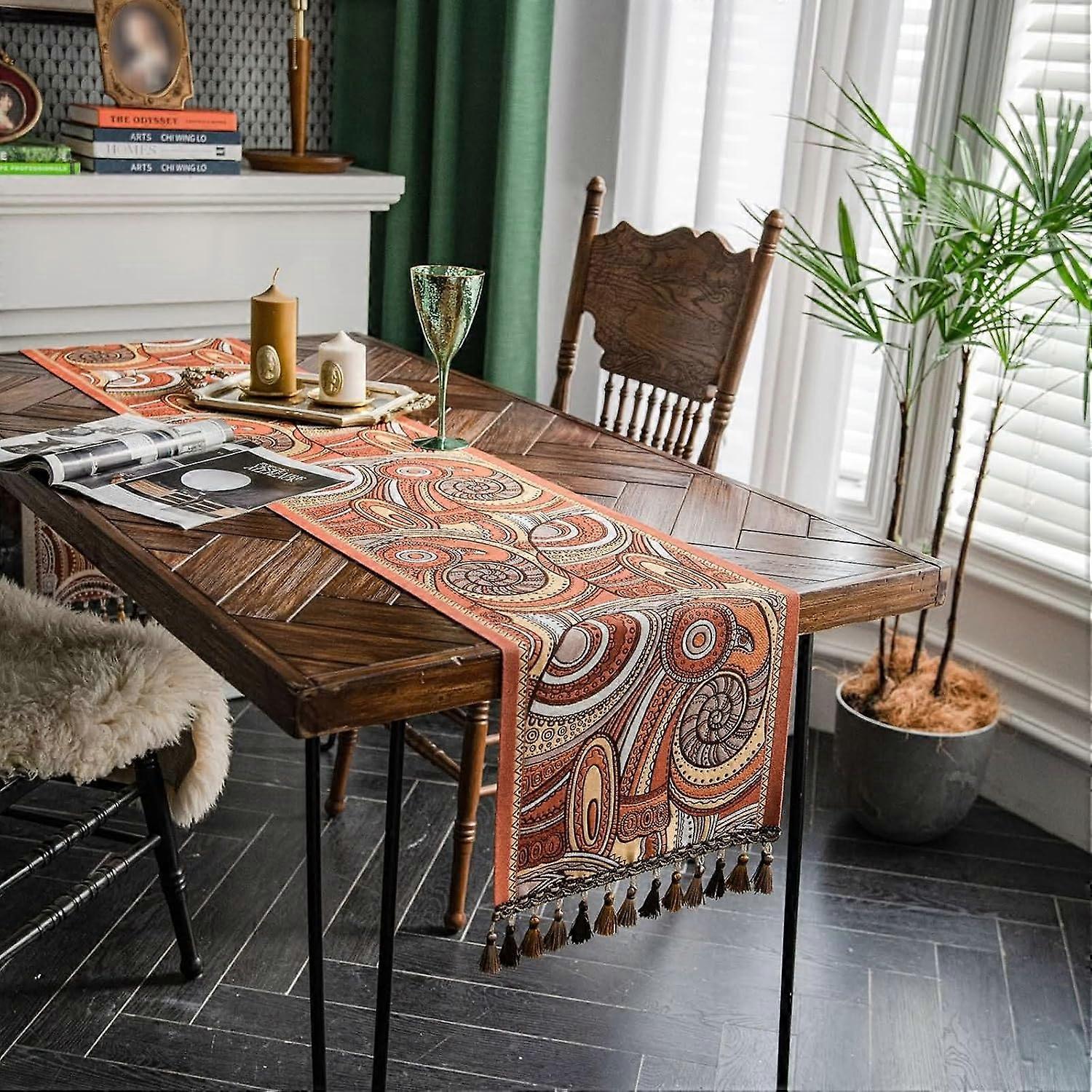 Modern Geometric Orange and Yellow Table Runner, Polyester, 35x220cm