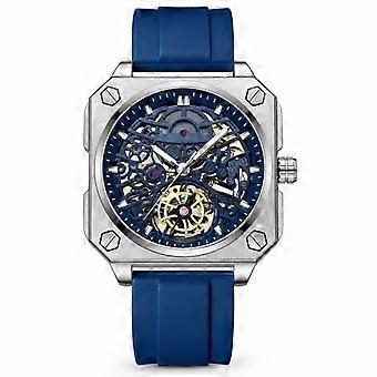 Square Automatic Mechanical Tourbillon Skeleton Watch Transparent Waterproof Blue Silicone Strap Silver Steel Case Blue Dial BINBANG Unisex JY