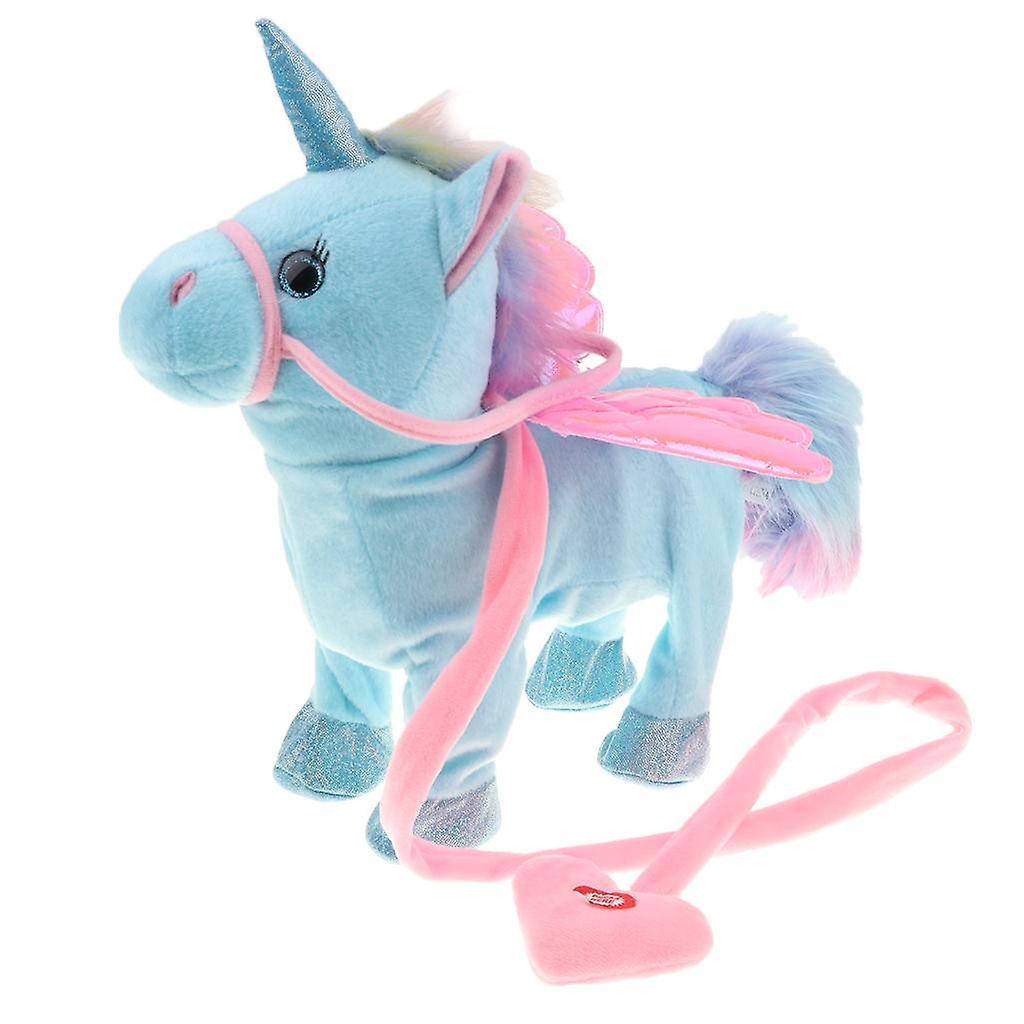 Βελούδινο γεμιστό μονόκερο ζώο μουσικό άλογο παιχνίδι ηλεκτρικό περπάτημα άλογο μπλε