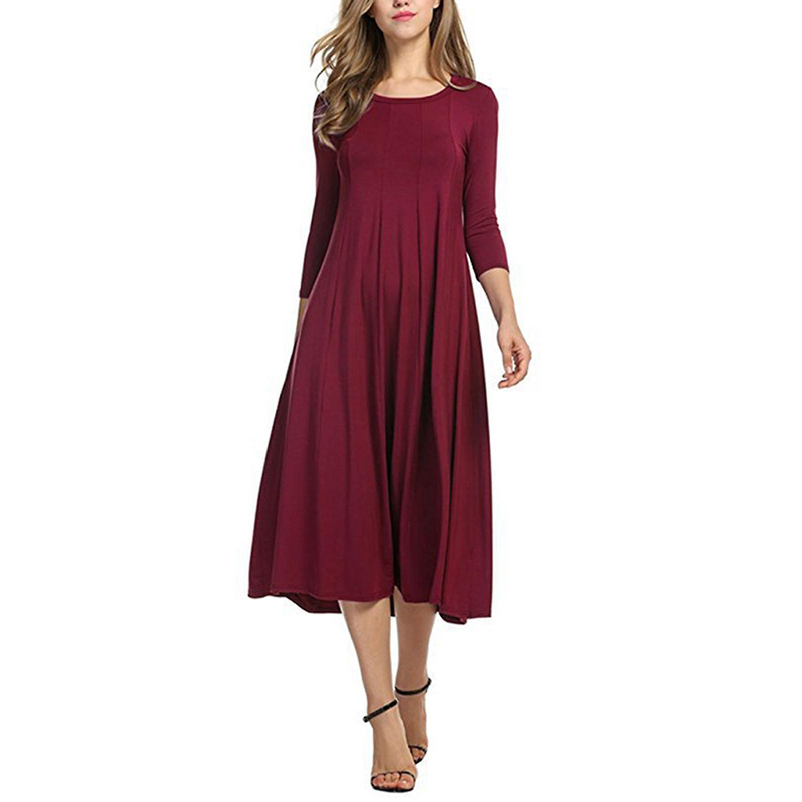 Womens Holiday Casual Swing Dress 3/4 Sleeve Crew Neck Long Maxi Dress  Solid Color | Fruugo UK