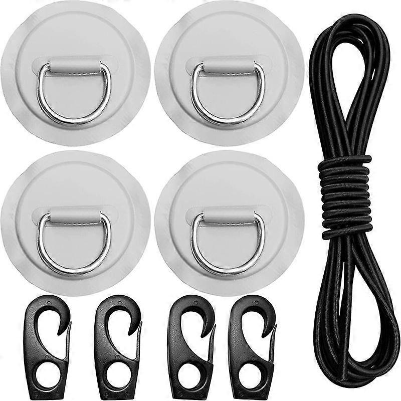 Pad Eye Cord Kit,D-Ring Patch+Bungee Shock Cord+Hooks-Deck Lashing Ring with Plate for Boat Kayak A