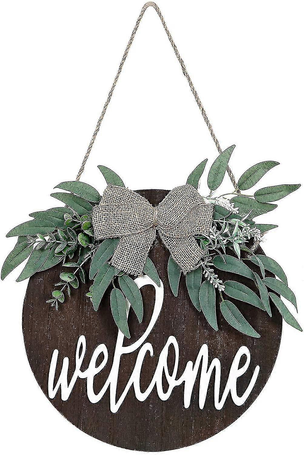 Welcome Sign With Artificial Eucalyptus For Front Door Decor, Rustic Round Wood Hanging Porch Sign, Sign Front Porch Door Decorations