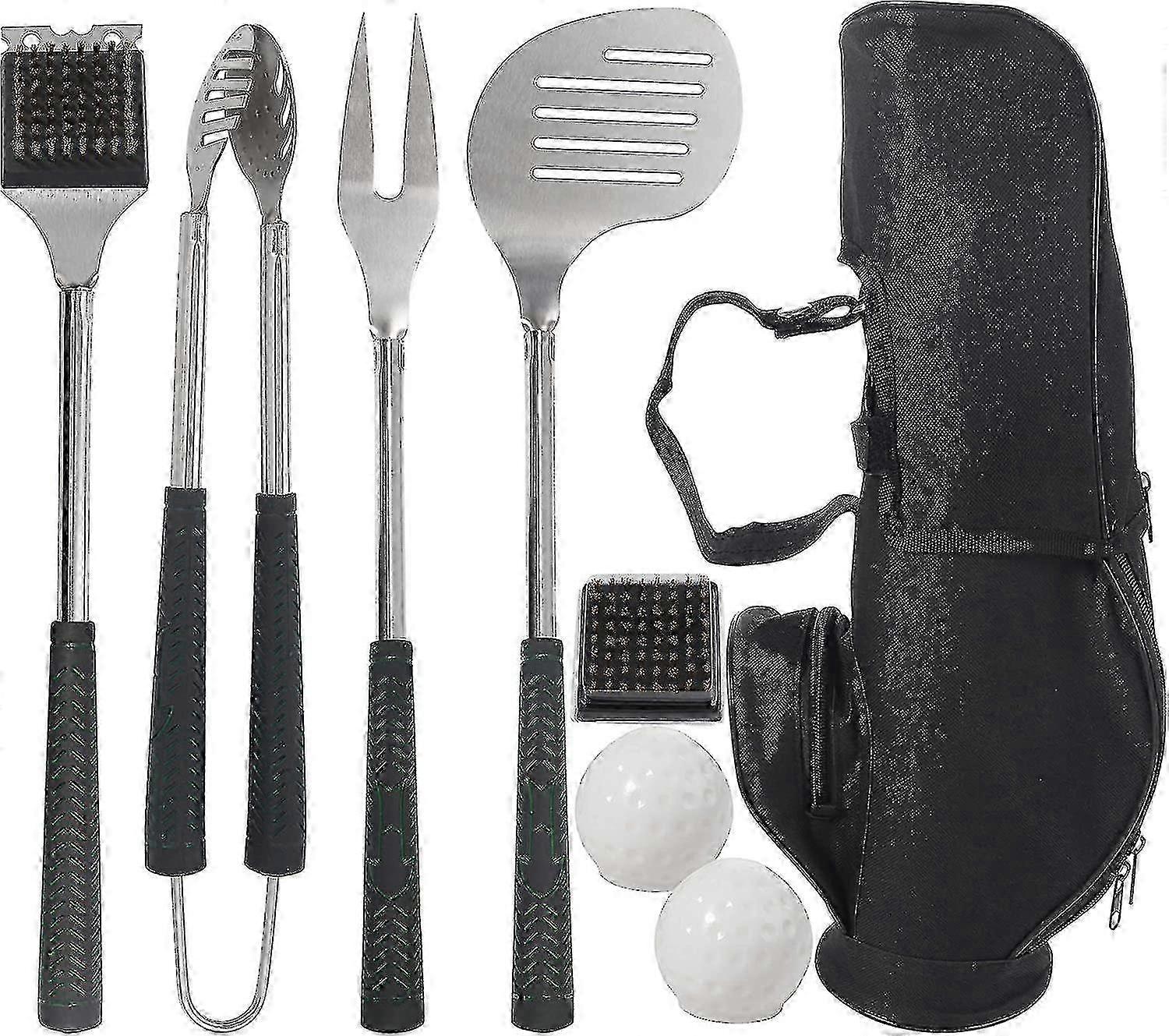 ערכת כלים לגריל ברביקיו 8pcs. מזלג נירוסטה עבה במיוחד, מרית, מלקחיים ומברשת ניקוי - אביזרי צלייה מלאים בסגנון גולף עם חימום ארוך